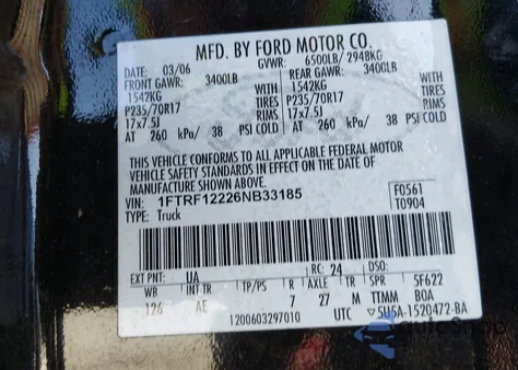 2006 Ford F-150 Stx/Xl/Xlt z USA, uszkodzony, nr VIN 1FTRF12226NB33185